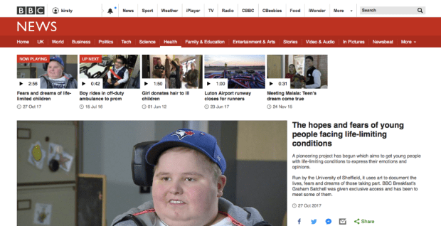 Screenshot of BBC News site with Living Life to the Fullest feature